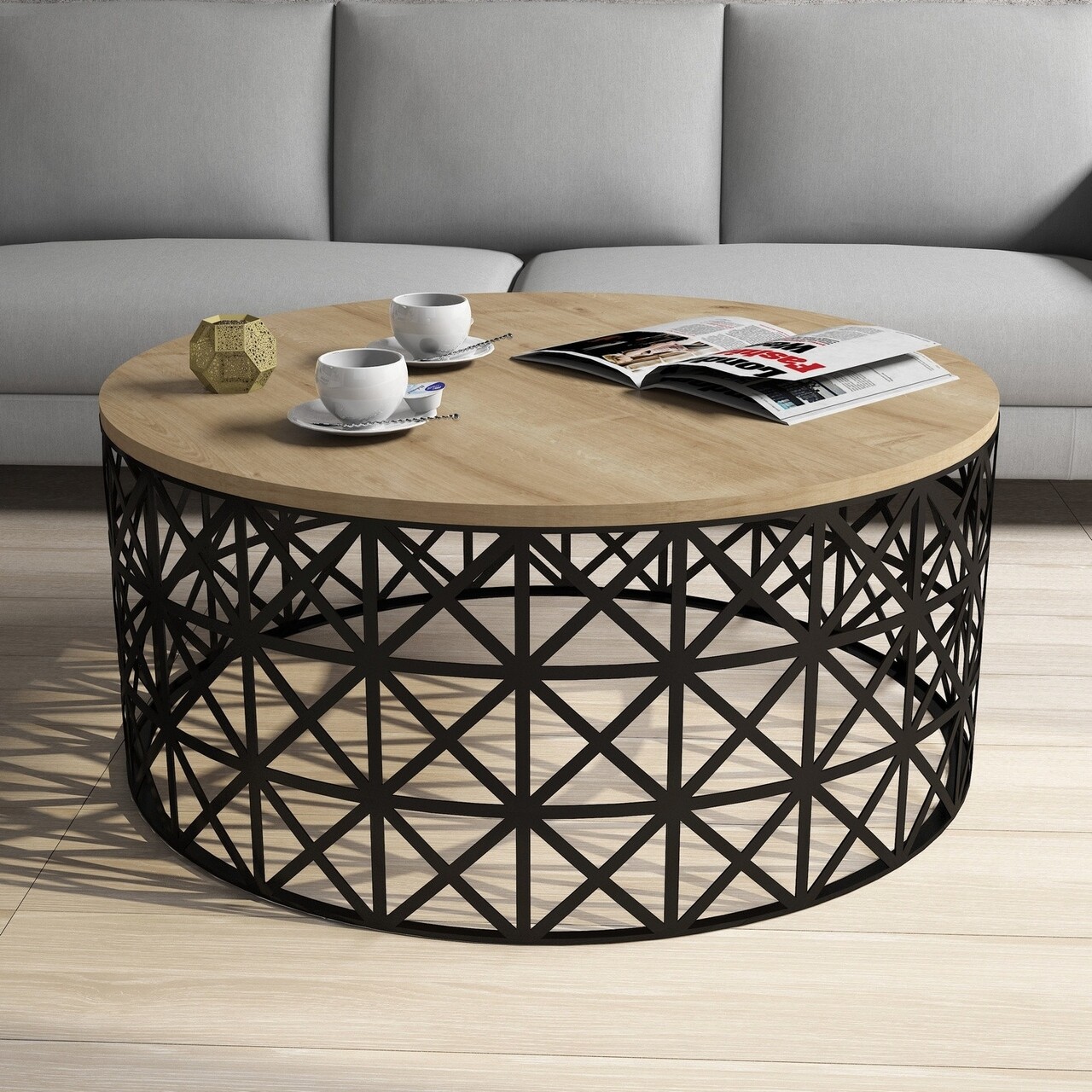 Masuta de cafea Selin Metal, Hommy Craft, 90x90x38 cm, stejar/negru - imagine 6